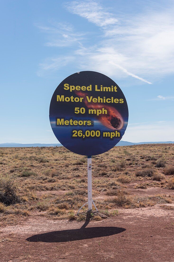 Road sign for Barringer meteor crater, Arizona, USA