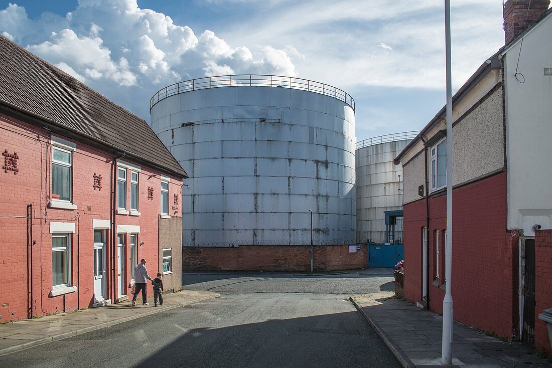 Oil storage tanks at end of street