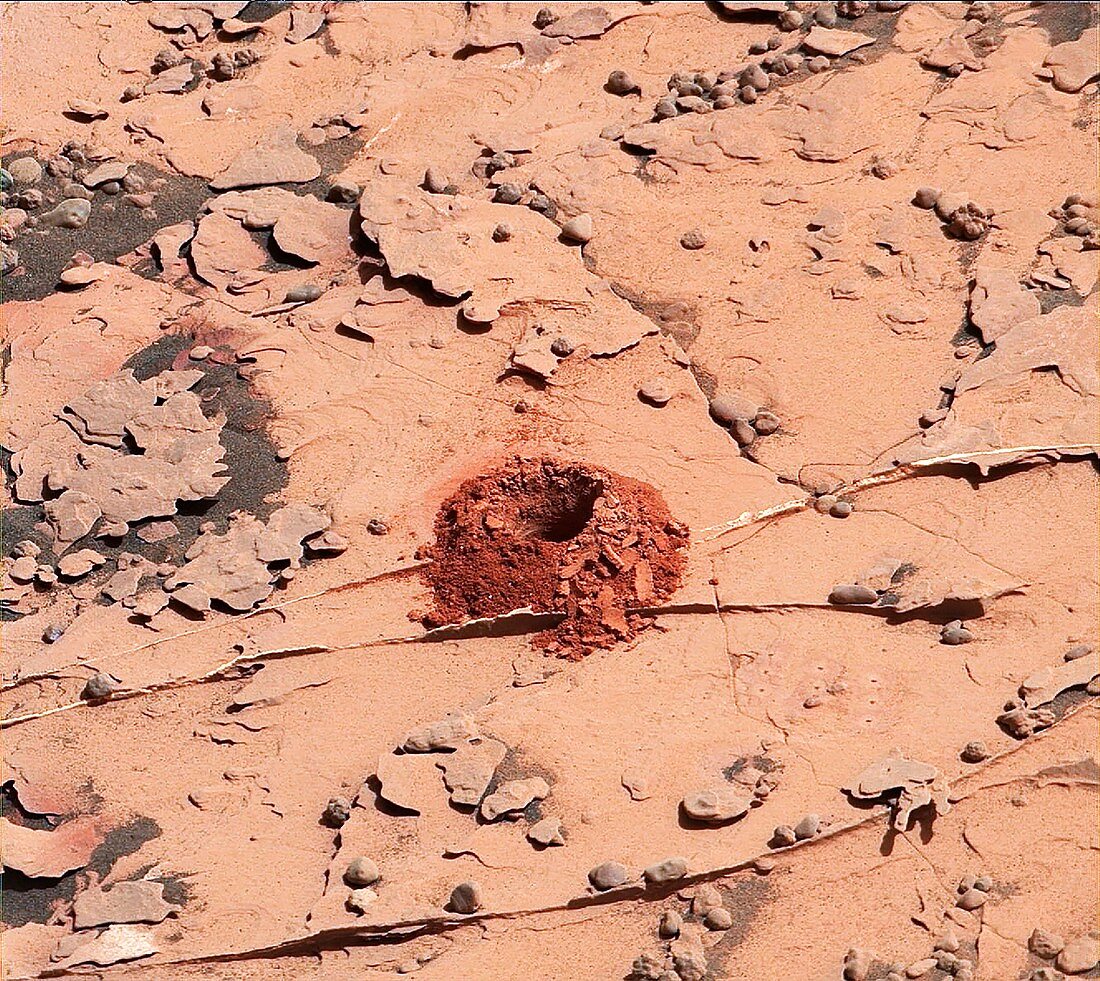 Mars rock drill hole, Curiosity rover image