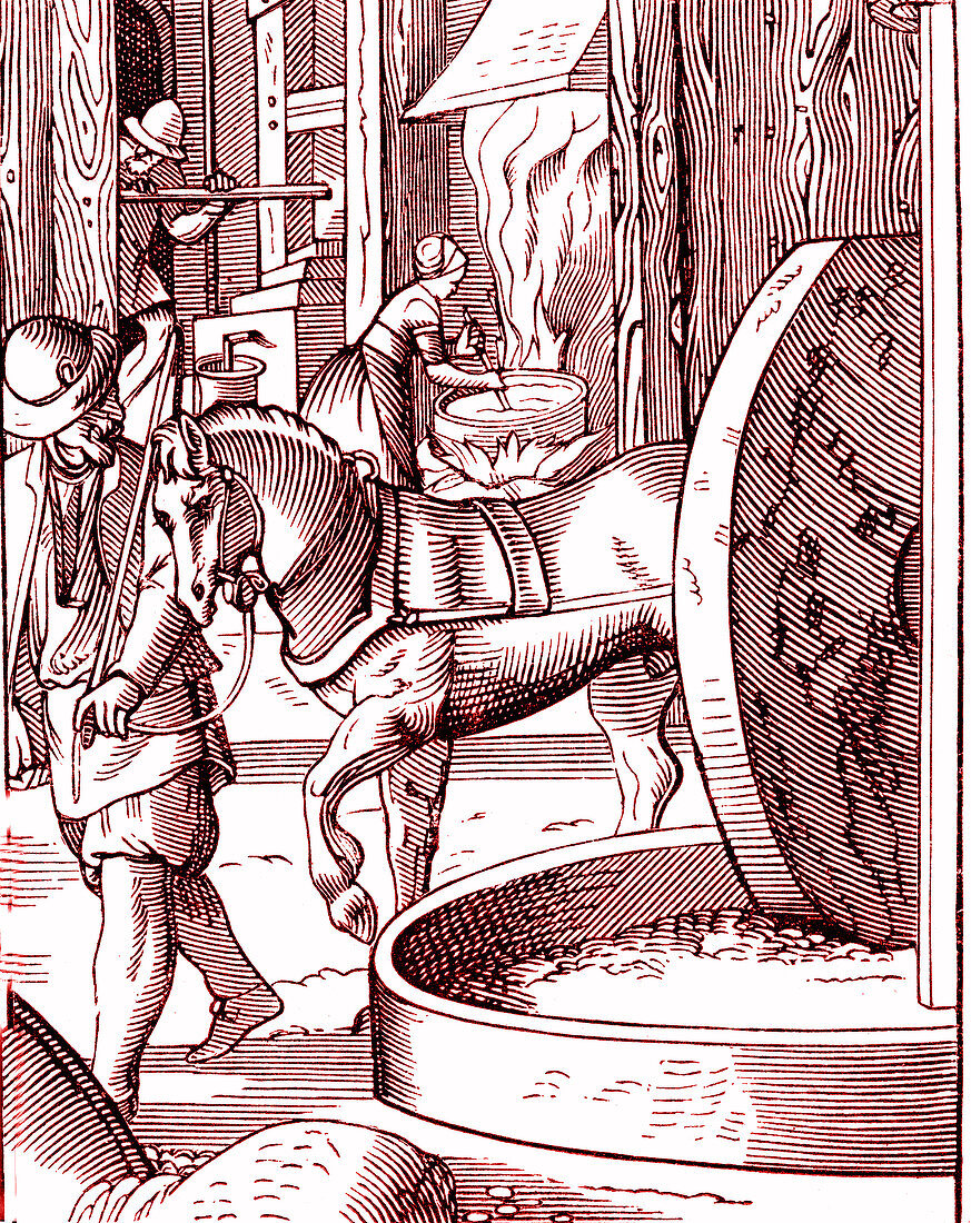 16th Century oil mill, illustration