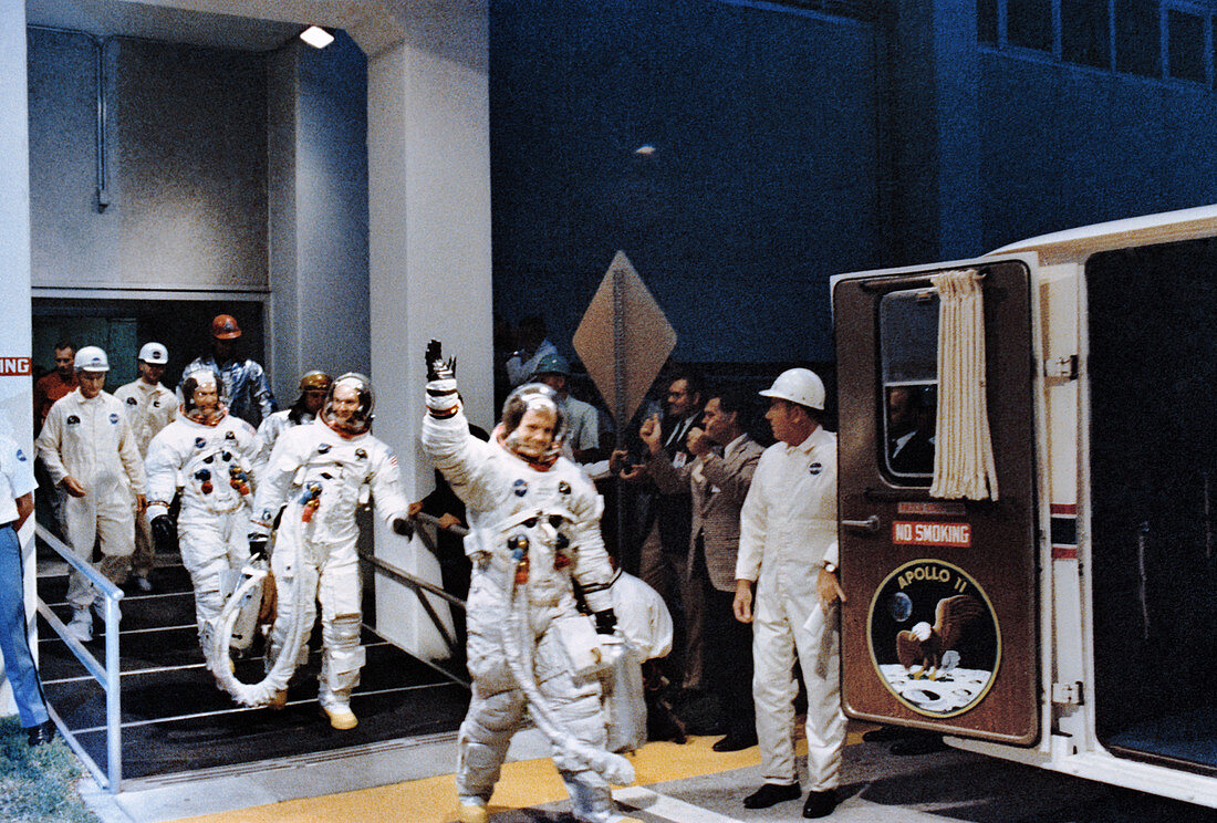 Apollo 11 crew at transport to launch pad, July 1969