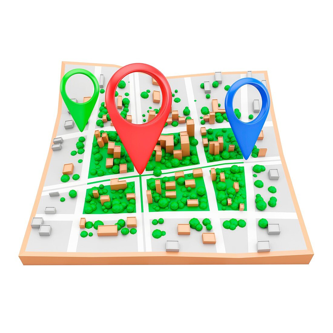 Location pins on city map, illustration