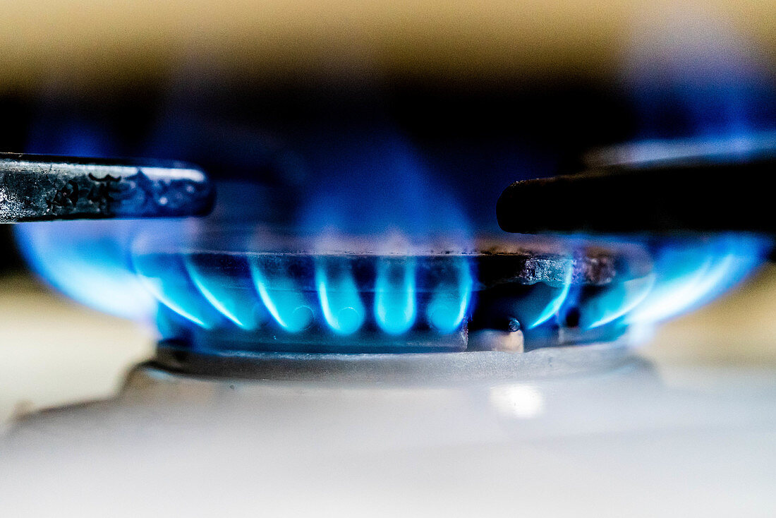 Lit gas rings on a domestic hob