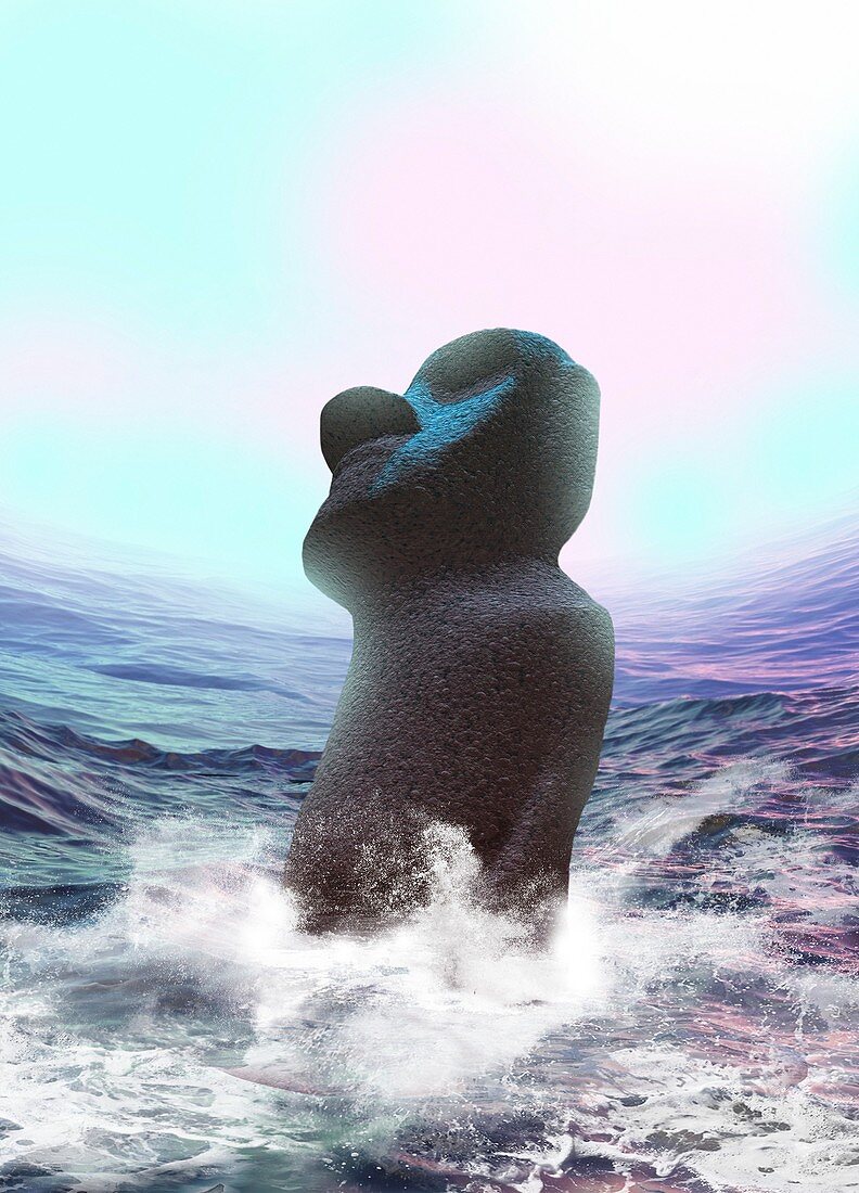Ancient statue and rising sea, illustration