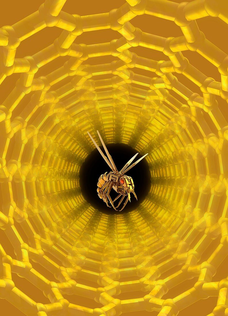 Robotic insect flying in yellow tunnel, illustration