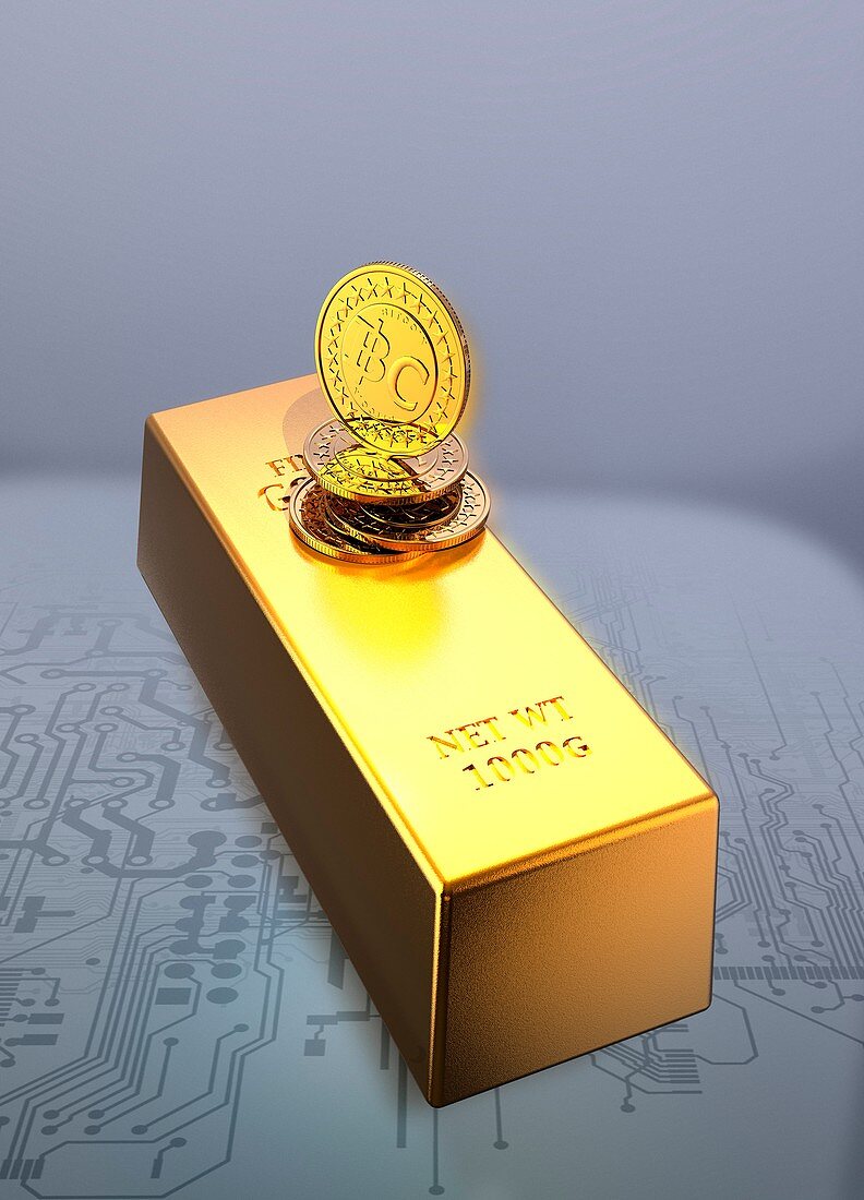 Bitcoins and gold bullion, illustration