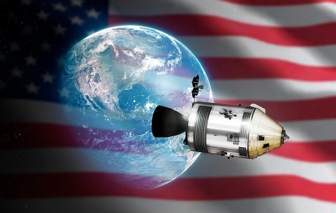 Apollo CSM, Earth, and US flag illustration