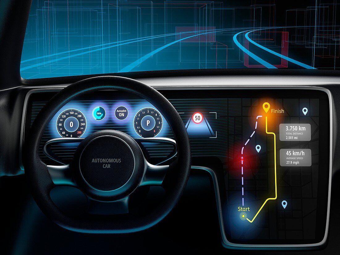 Cockpit of autonomous car, illustration
