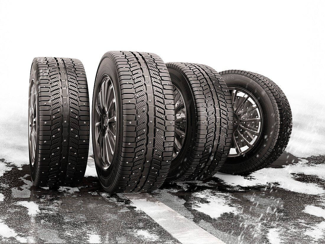 Car tyres rolling on a snow-covered road, illustration
