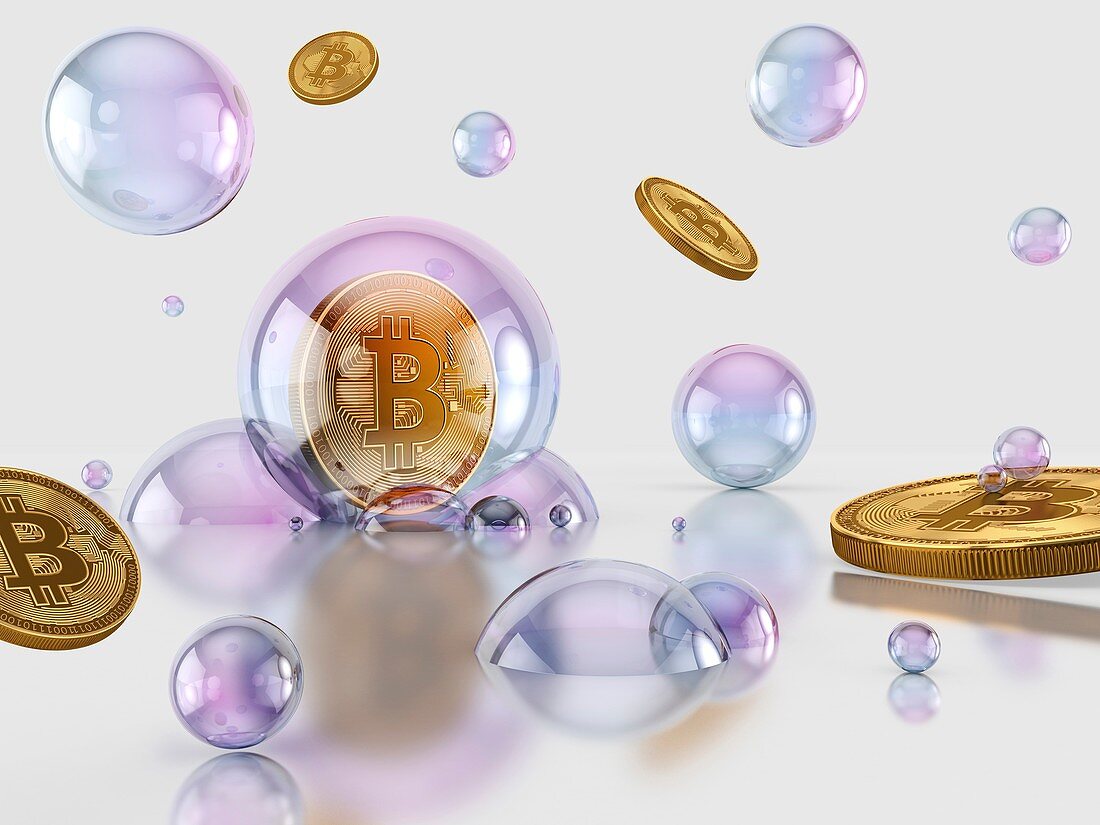 Bitcoin inside bubble, illustration