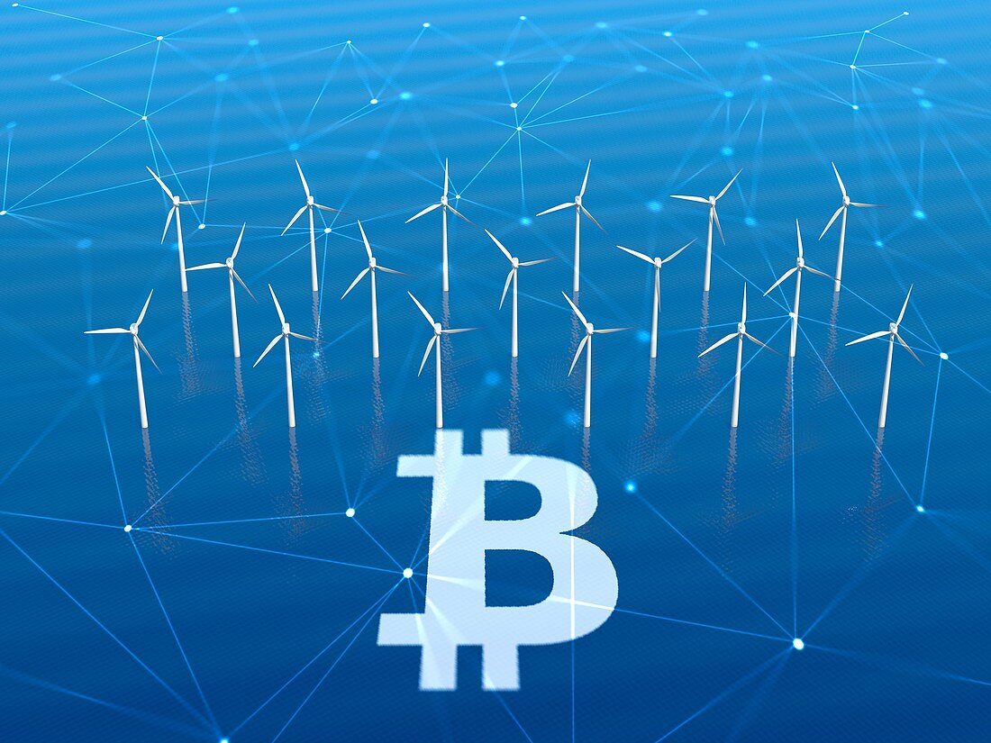 Bitcoin mining with green energy, illustration