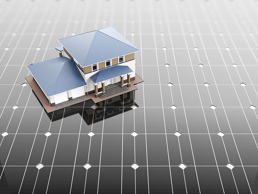 Solar panel and smart house, illustration