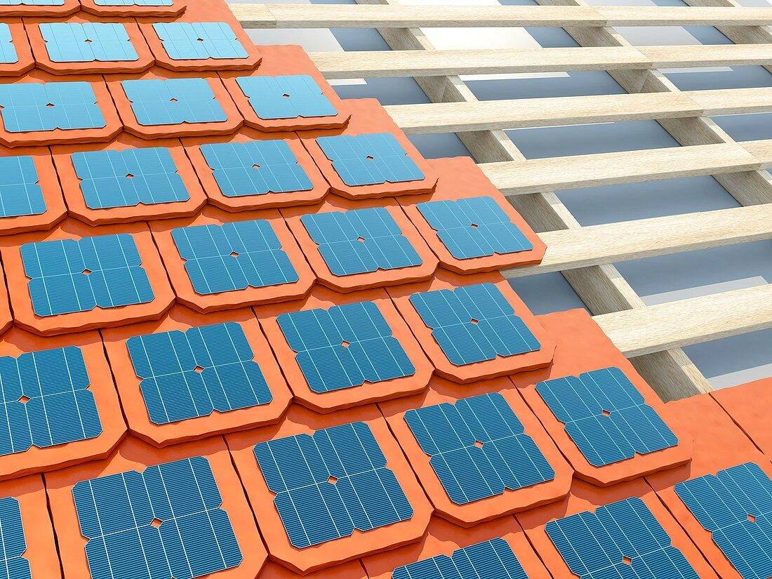 Solar panel roof tiles, illustration