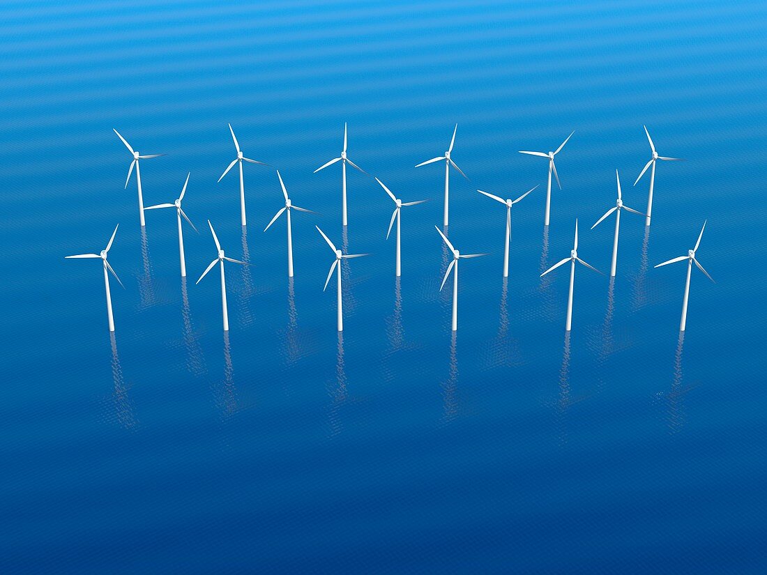 Offshore wind turbine farm, illustration