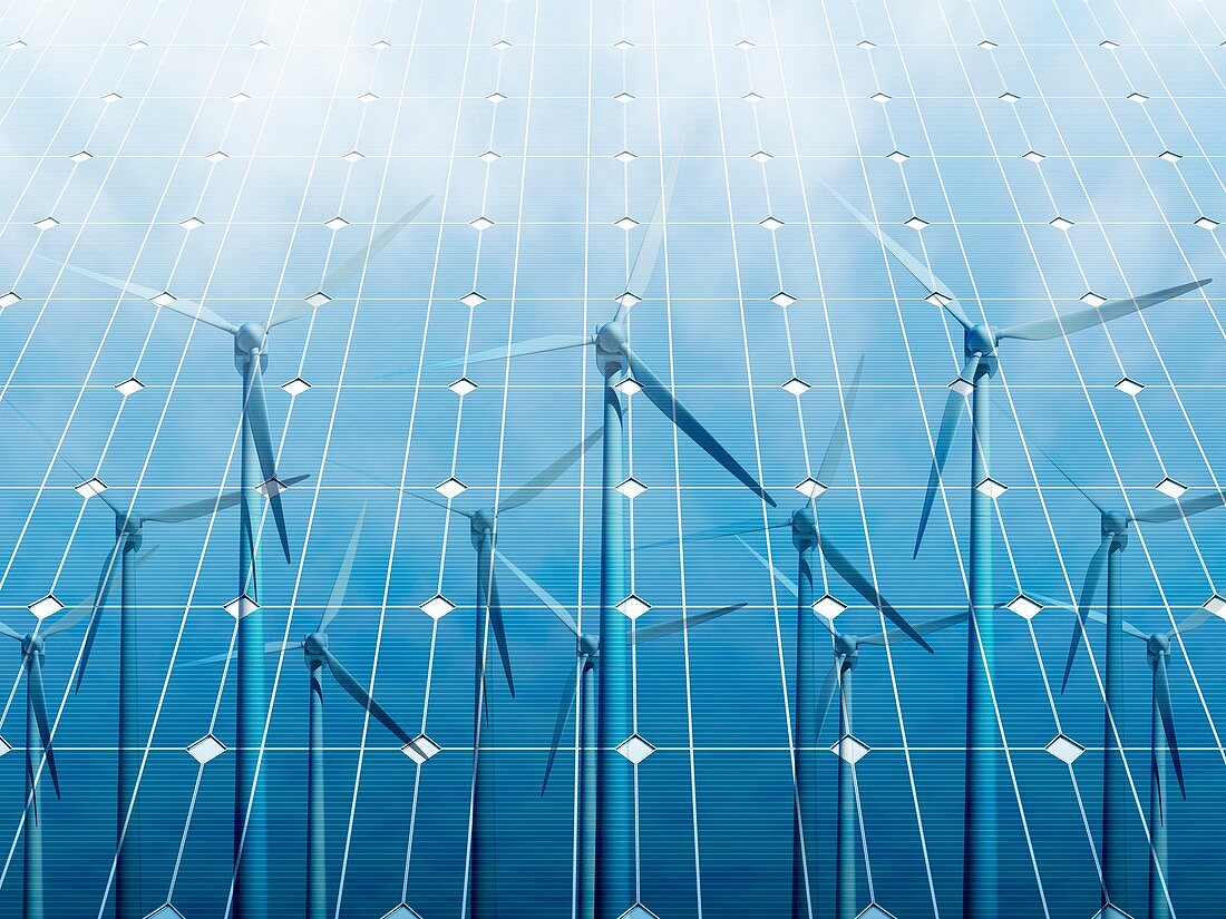 Wind turbine reflected on solar panels, illustration
