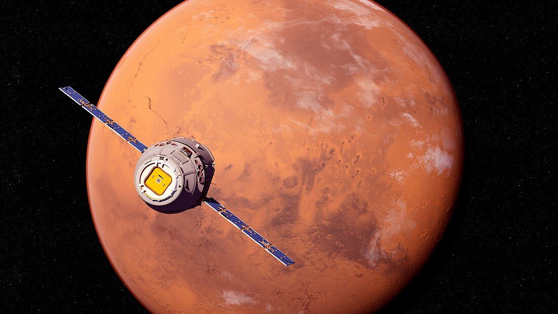 Illustration of a satellite in front of Mars