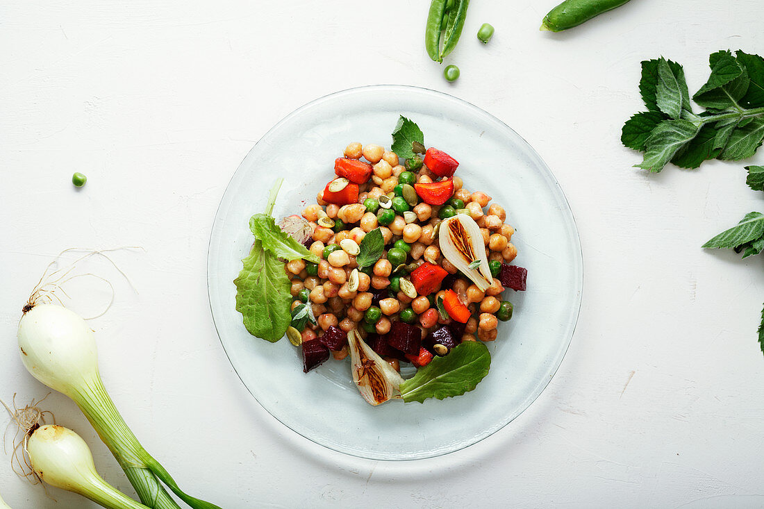 Fresh chickpea salad with mint and vegetables