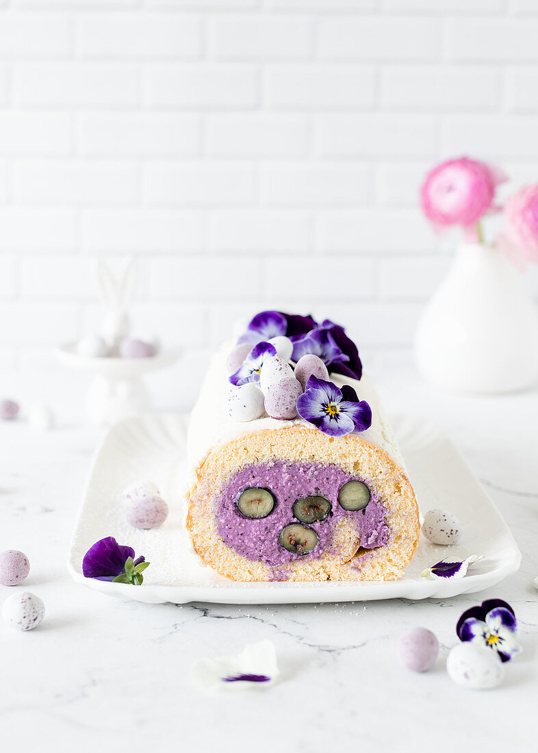Blueberry Swiss roll with pansies