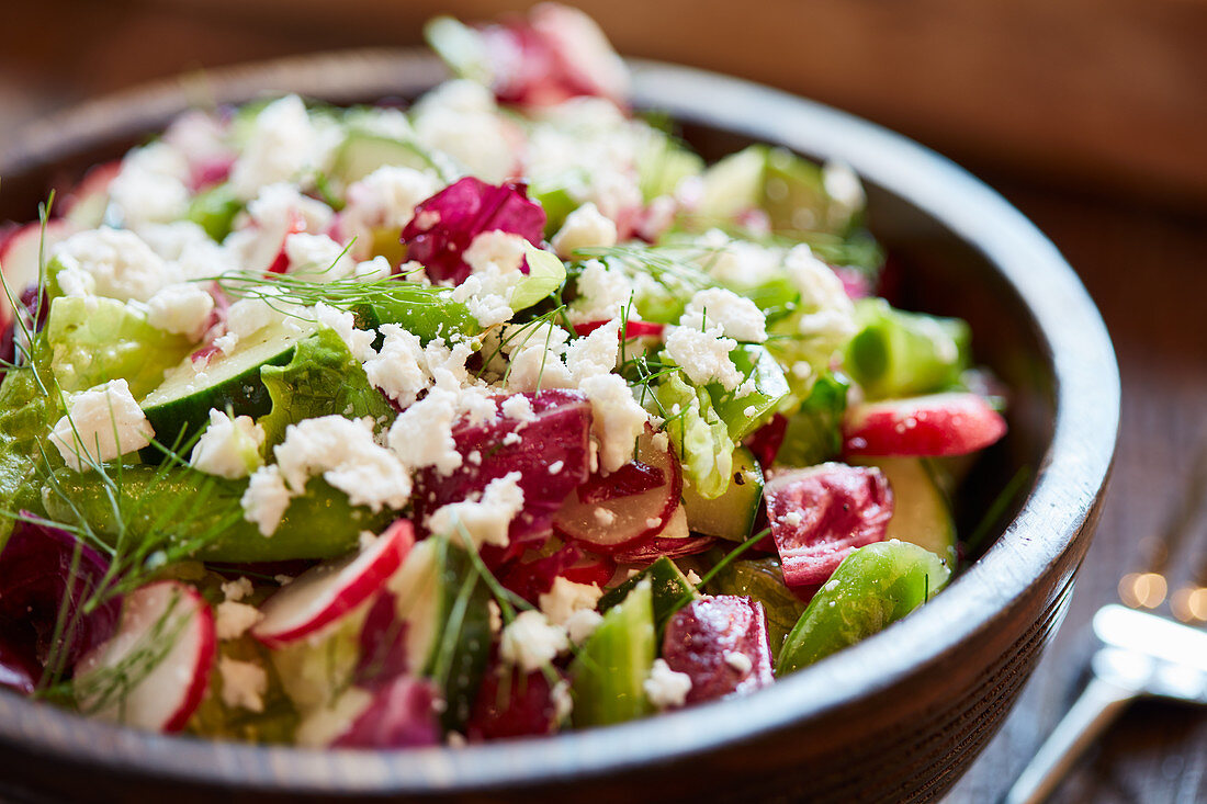 A mixed salad with radishes, cucumber, celery and feta cheese