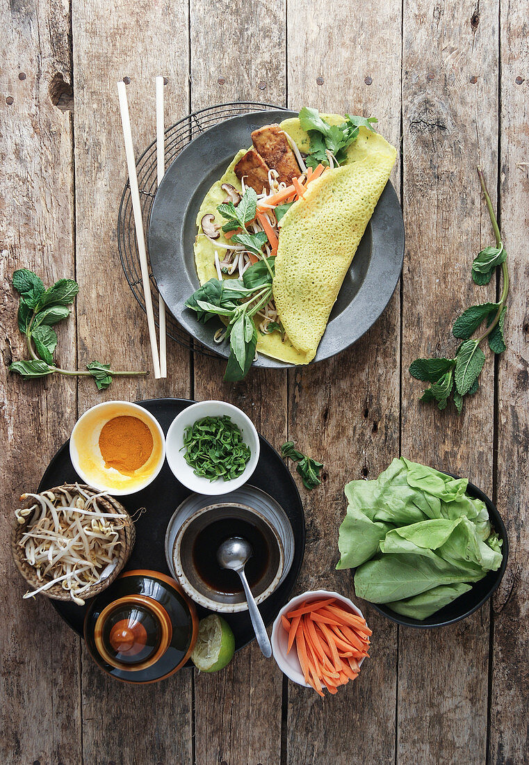 Vietnamese savory fried rice flour pancake with vegetables