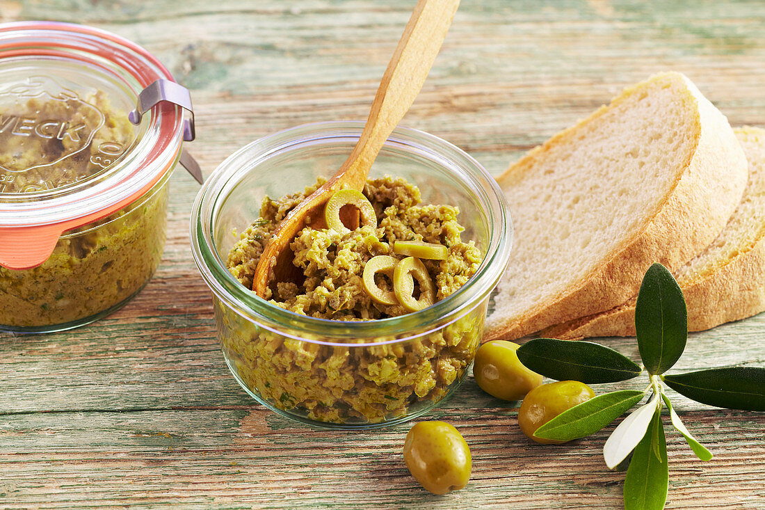 Green tapenade with green olives, garlic, capers, mustard, olive oil and lemon juice