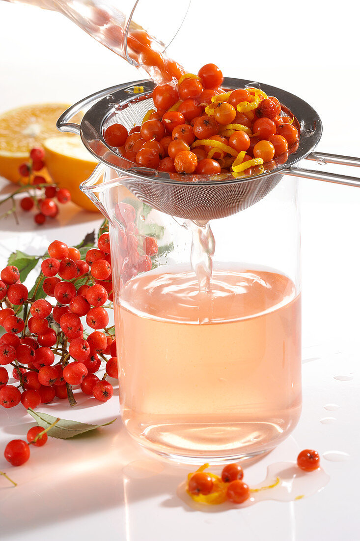 Homemade rowan berry vinegar with orange zest