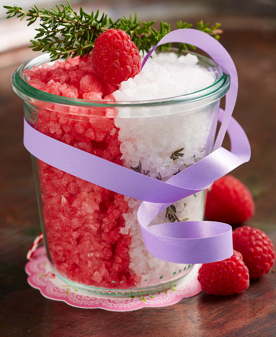 Homemade raspberry salt with fresh berries and coarse sea salt