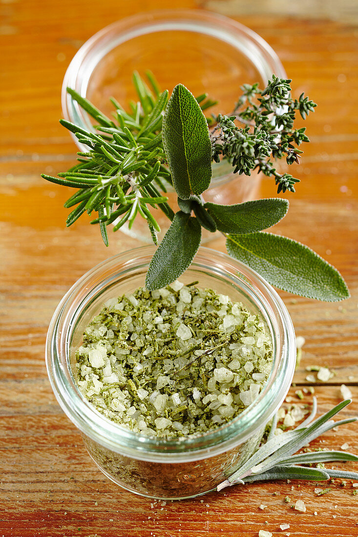 Homemade herb salt with sage, rosemary and thyme