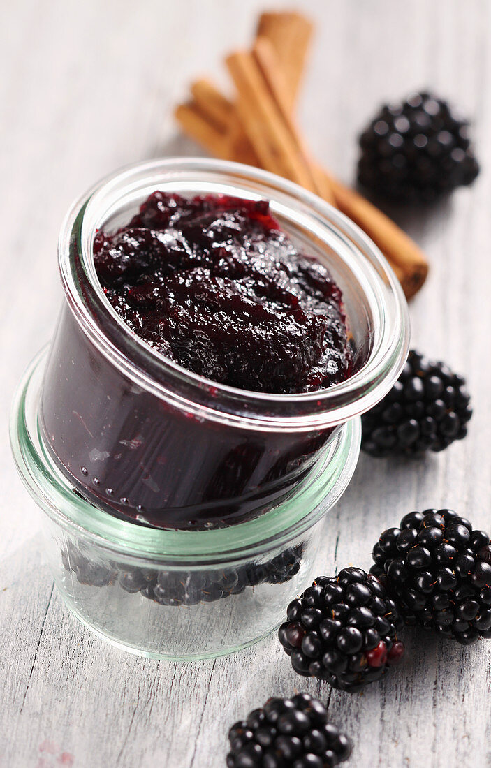 Homemade sweet and sour blackberry ketchup with cinnamon