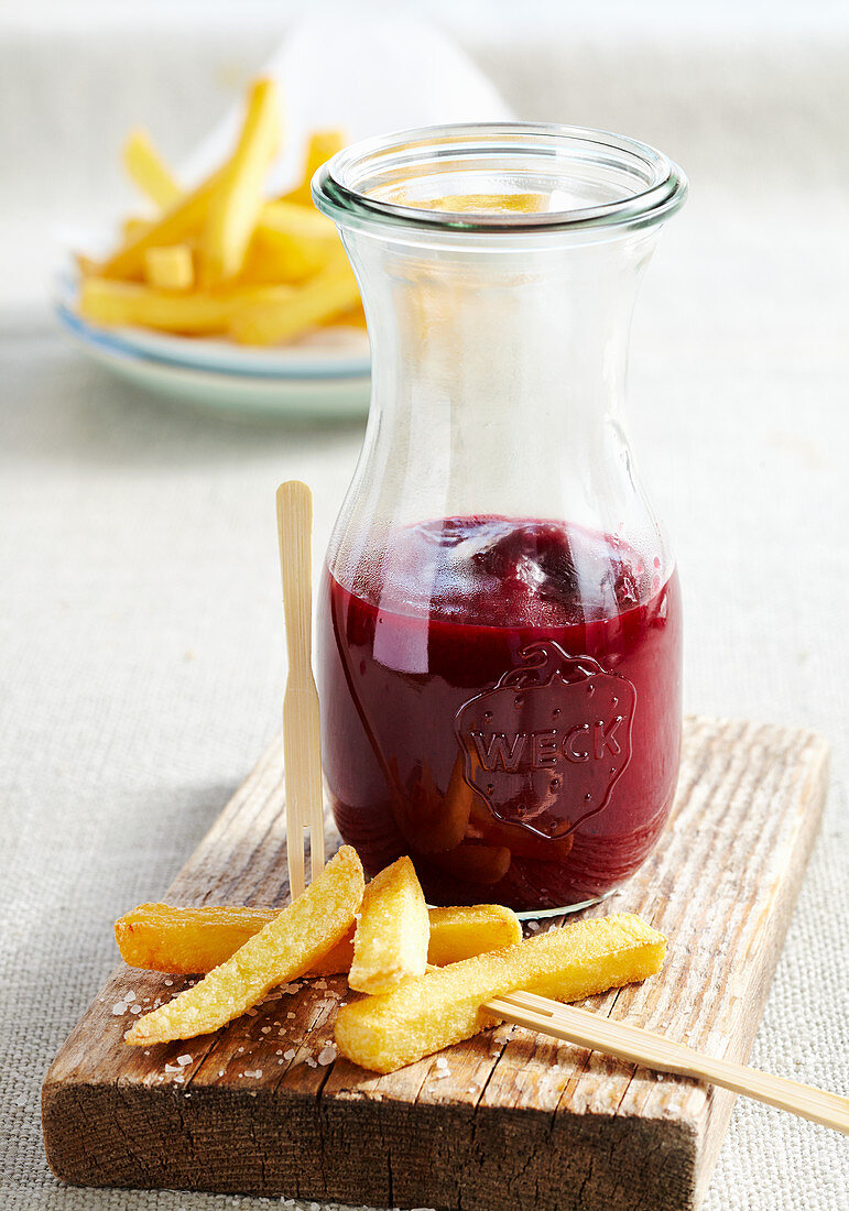 Homemade beetroot and tomato ketchup with french fries