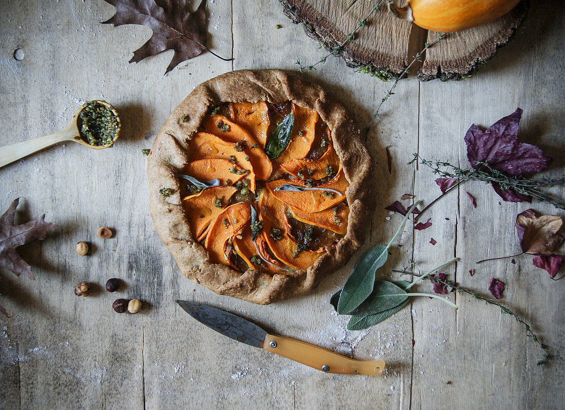 Delicious baked pumpkin galette with sweet onion