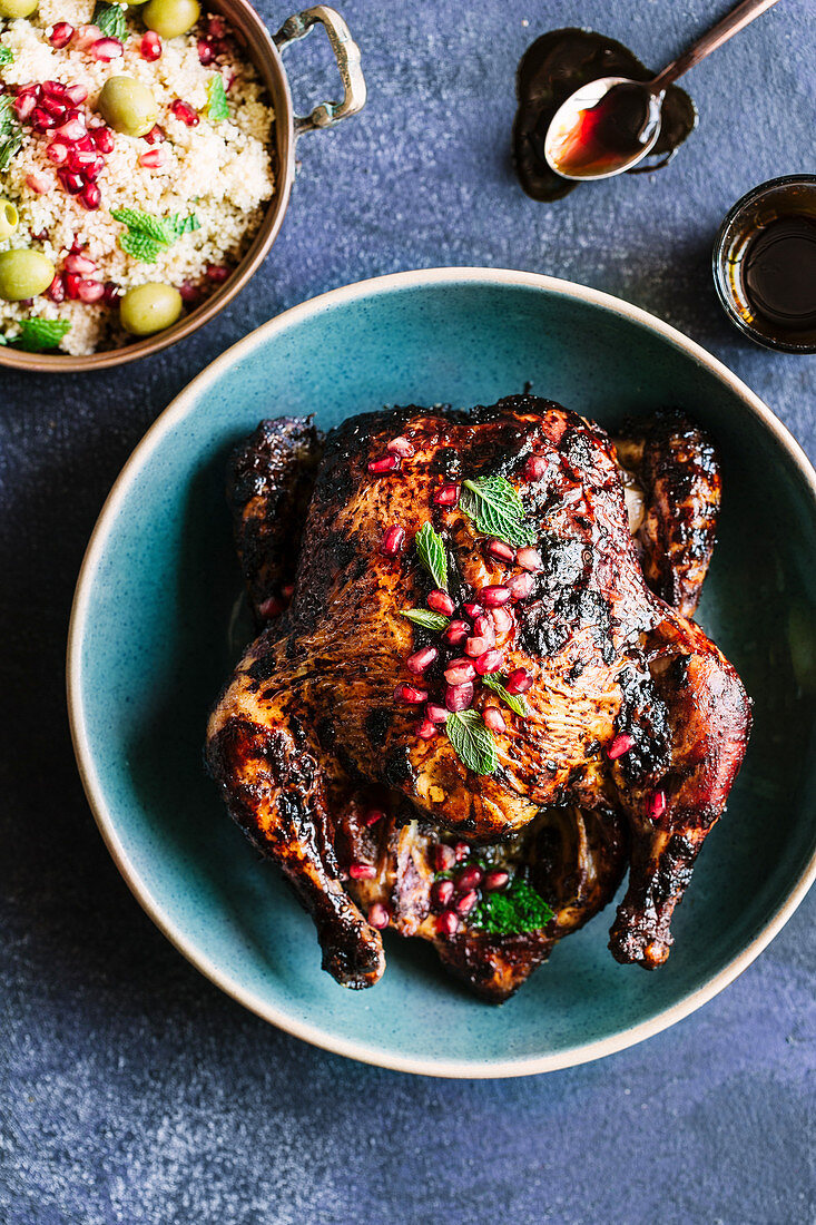 Moroccan roast chicken with dates and pomegranate seeds