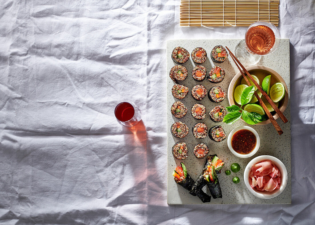Quinoa sushi platter with soya dipping sauce