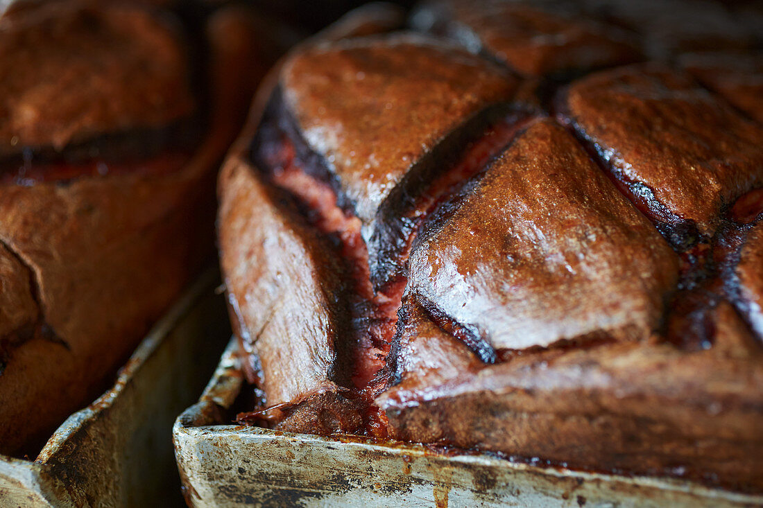 Wood oven Leberkäse in a tin