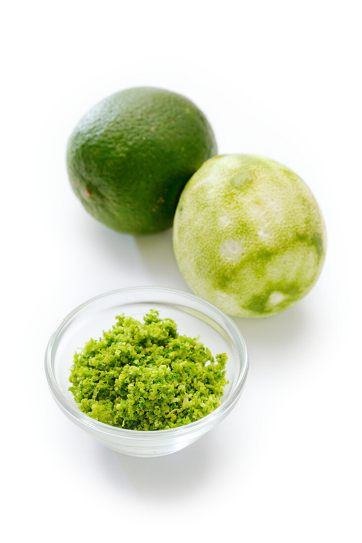 Lime zest in a small bowl