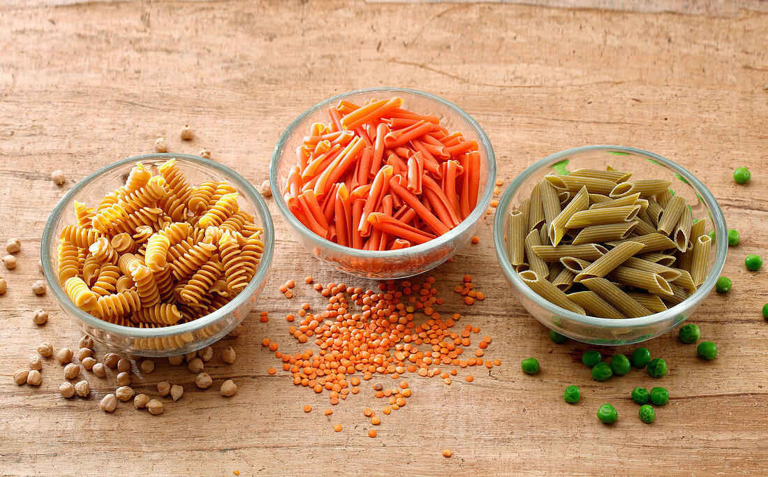 Three kinds of pasta made from legumes