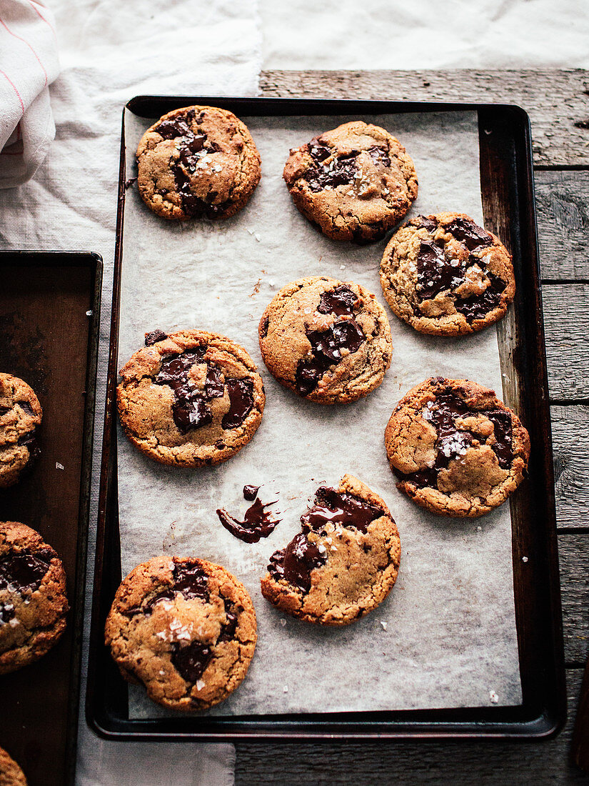 Chocolate chip cookies on a baking tray