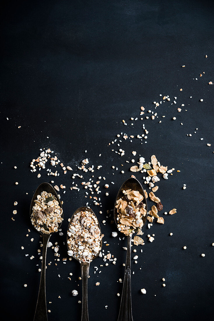 Three different sugar-free muesli varieties on spoons