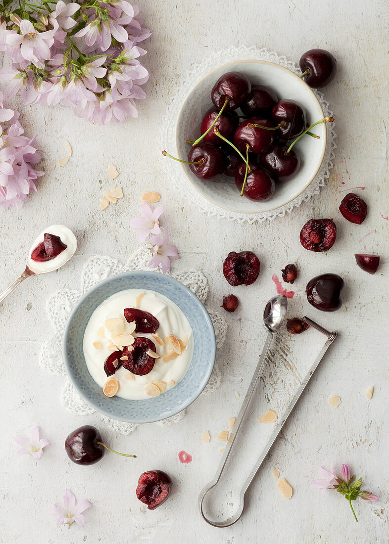 Fresh Cherries with Yoghurt and Flaked Almonds