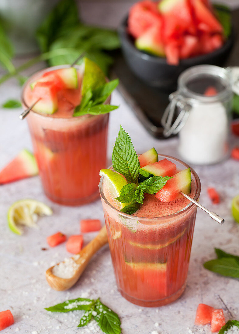 Watermelon Juice Drink with Lime and Mint