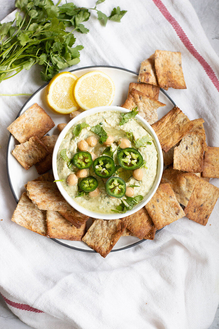 Jalapeno and lemon hummus with pita chips