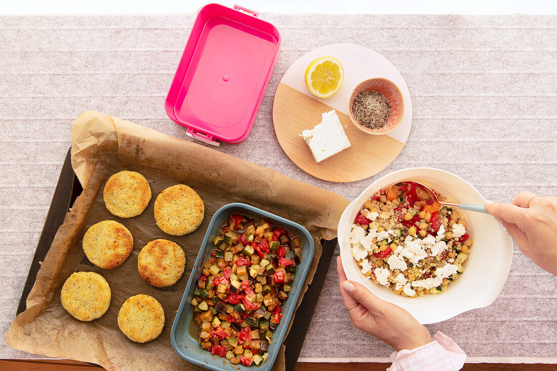 Two different types of couscous, courgette and feta cheese to take away – as a salad and as fritters