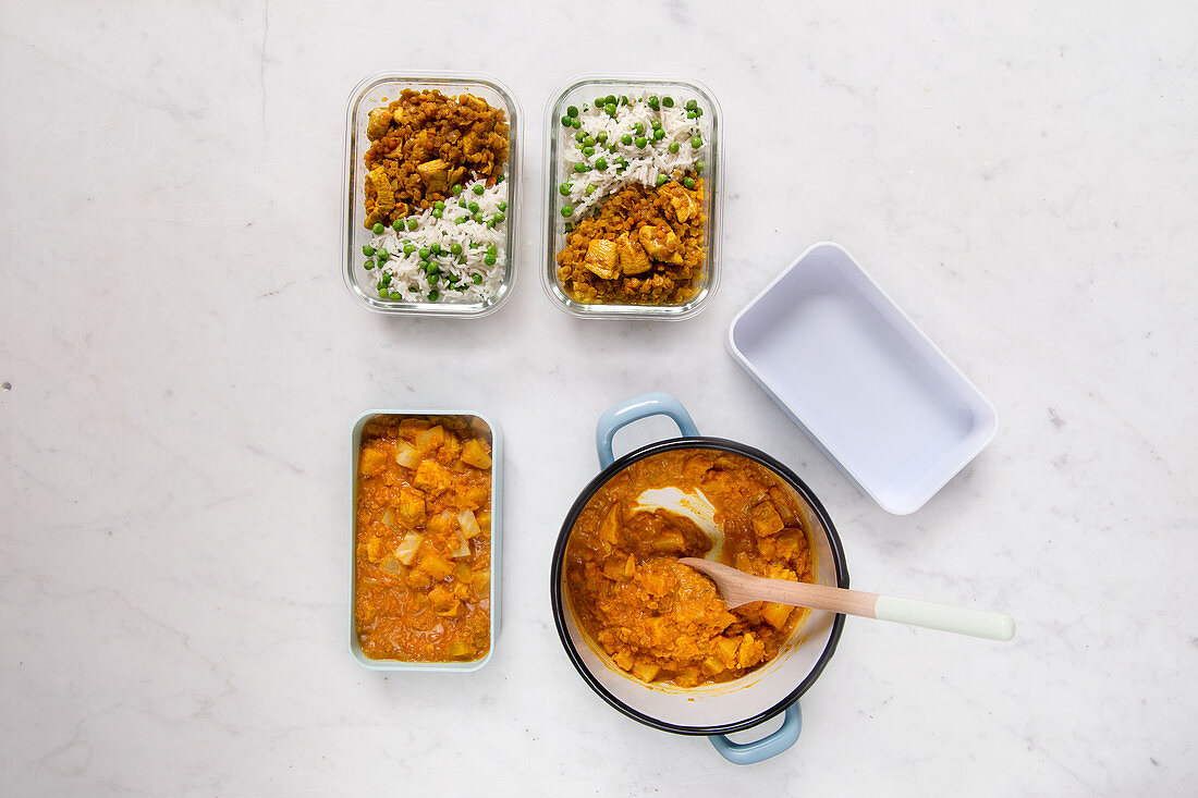 Two types of oriental lentil and chicken bakes