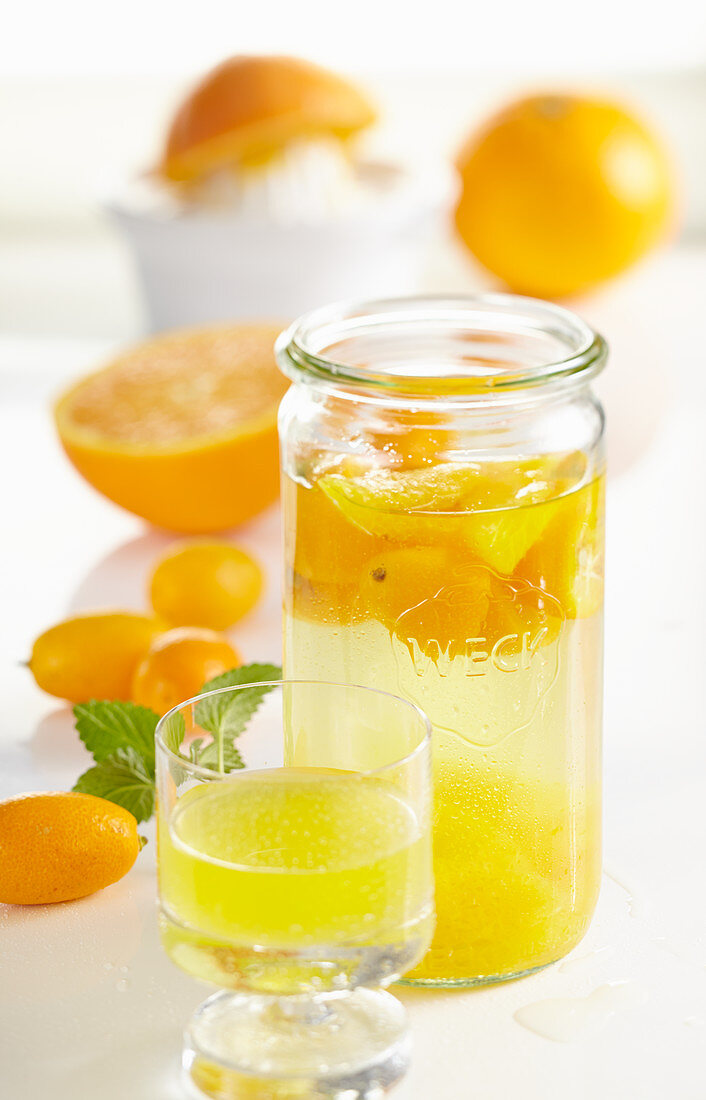 Selbstgemachter Orangen-Kumquat-Likör mit Orangen, Vanille und Korn