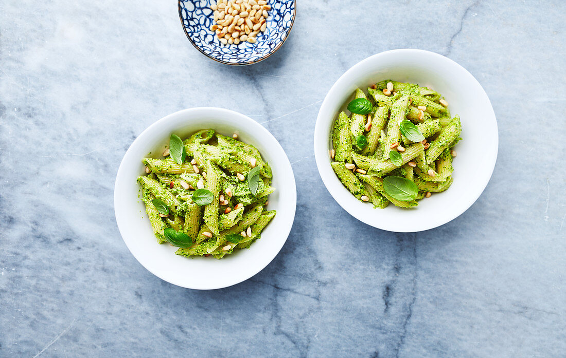 Penne pasta with kale and cashew nut pesto and toasted pine nuts