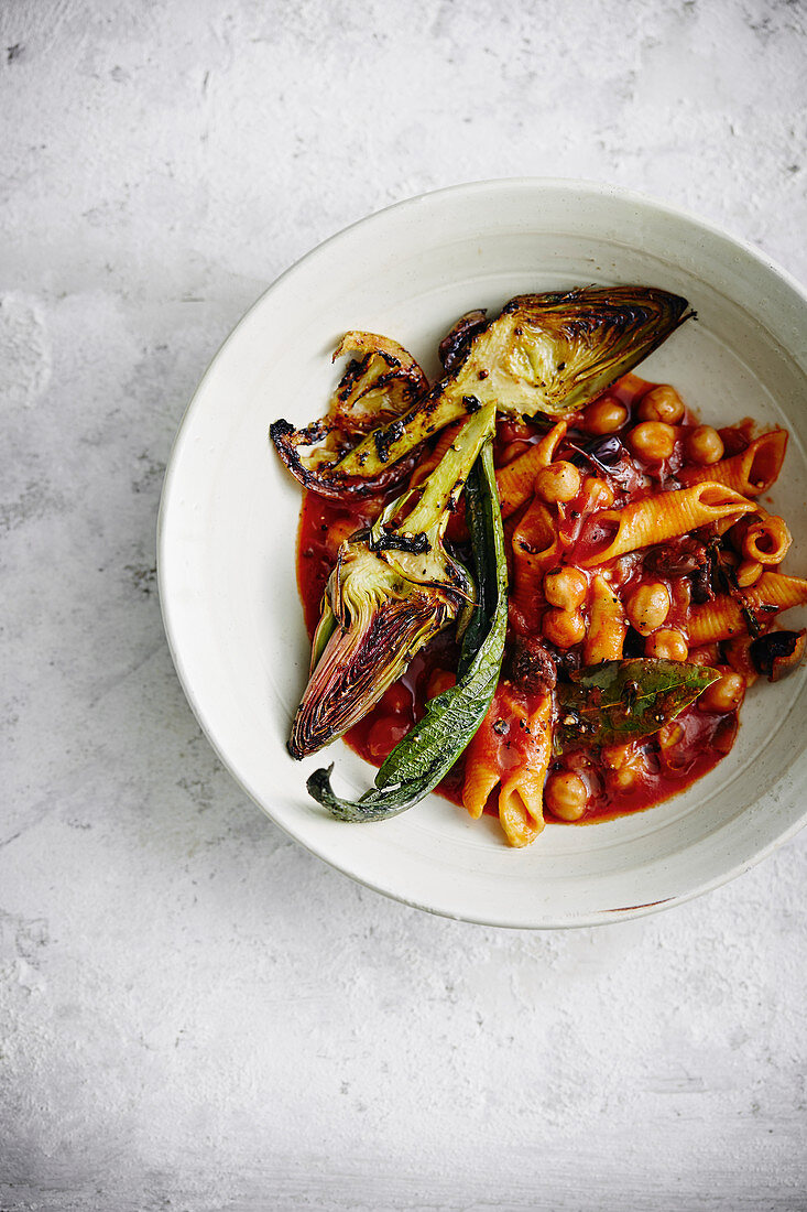 Roasted mini aubergines with chickpeas and trafilata al bronzo