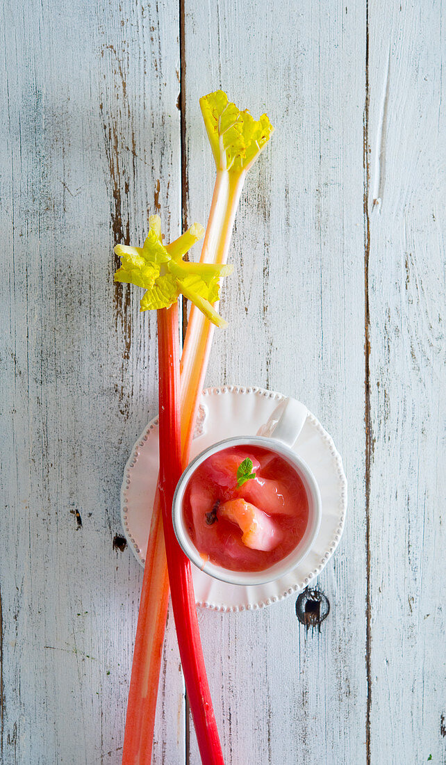 Rhubarb compote and rhubarb stalks