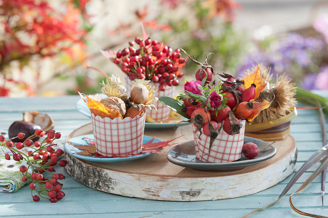 Small decoration with rose hips, rose buds and nuts