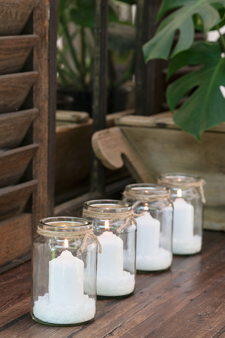 DIY candle lanterns made from mason jars and sea salt