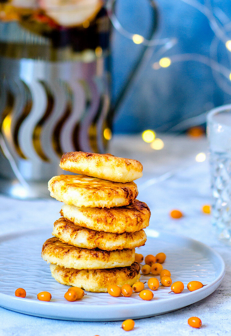 Pancakes with homemade cottage cheese wand sea buckthorn